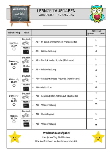 Lernzeitplan aus Klasse 2