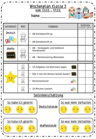 Wochenplan aus Klasse 2